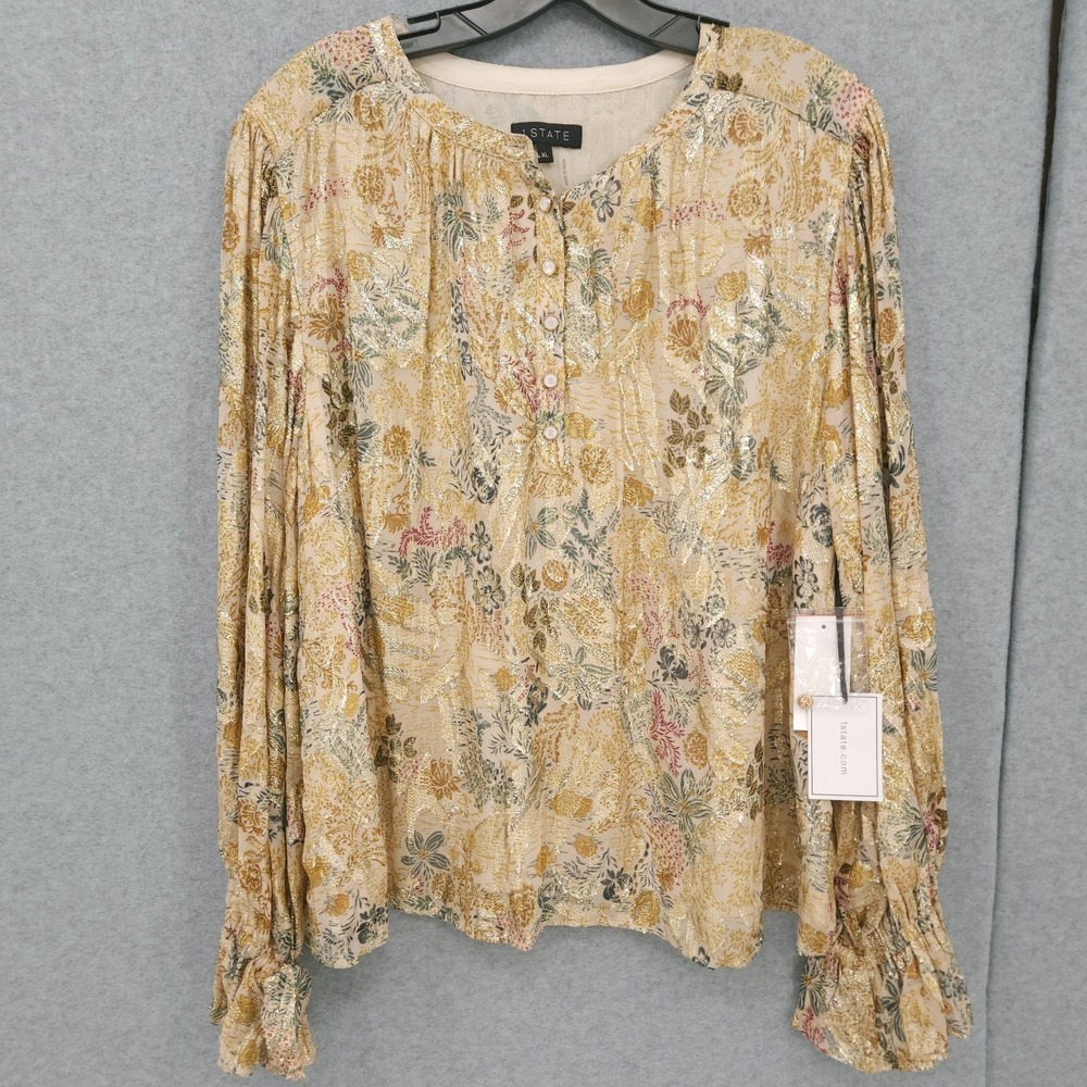 1.State Printed Button Front Long Sleeve Ditsy Darling Blouse Womens Size XL NWT
